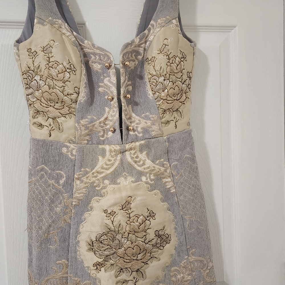 Elegant Gray and Cream Embroidered Dress